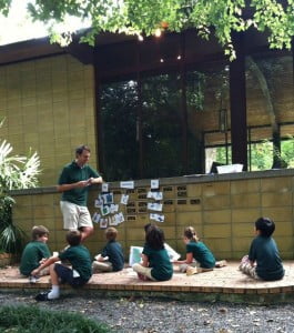Spiral Scouts outside the UU Sanctuary prepare for hiking.