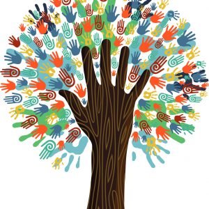 The image of a tree made up of hands of many colors