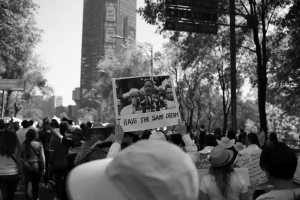 Demonstration with lots of people, one person holding up sign with picture of MLKJr. with words "I have the same dream."