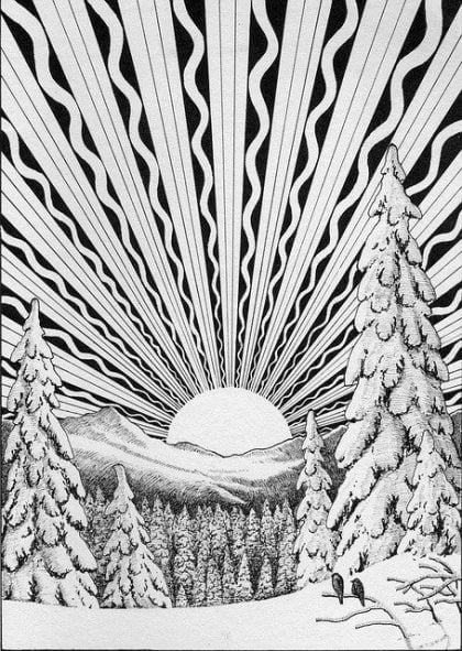 black and white drawing of a winter setting sun.