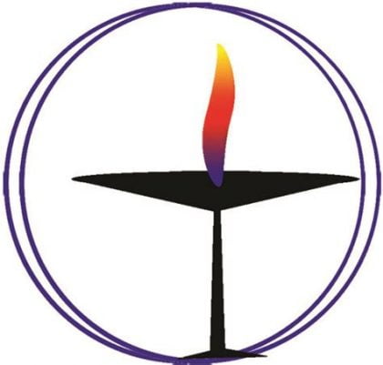 Flaming Chalice inside double circles